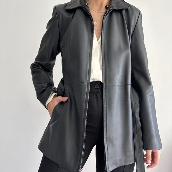 Vintage 100% genuine leather longline belted jacket w fur hood - Picture 7 of 8